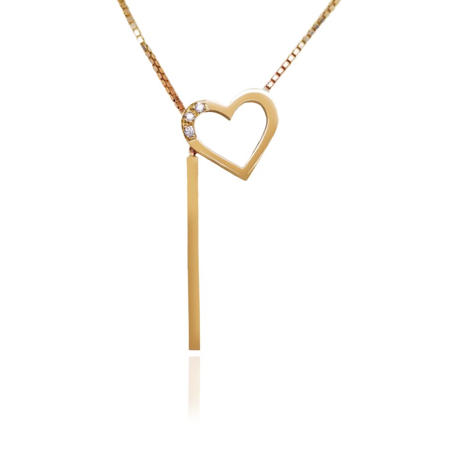 Žlutý zlatý náhrdelník Srdce s diamanty a posuvnou tyčinkou