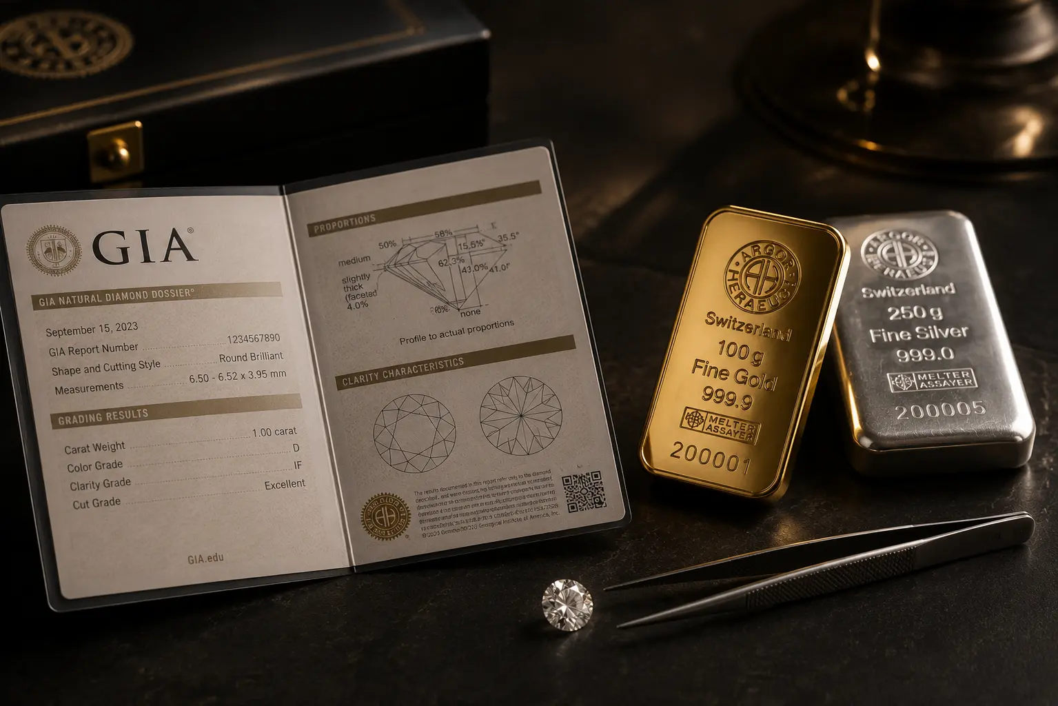 Investiční zlaté a stříbrné slitky a diamanty
